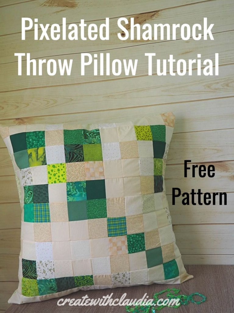 Free pattern for a scrappy pixelated shamrock throw pillow.  Perfect for St. Patrick's Day!