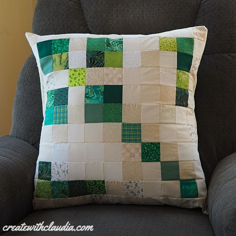 Free pattern for a scrappy pixelated shamrock throw pillow.  Perfect for St. Patrick's Day!