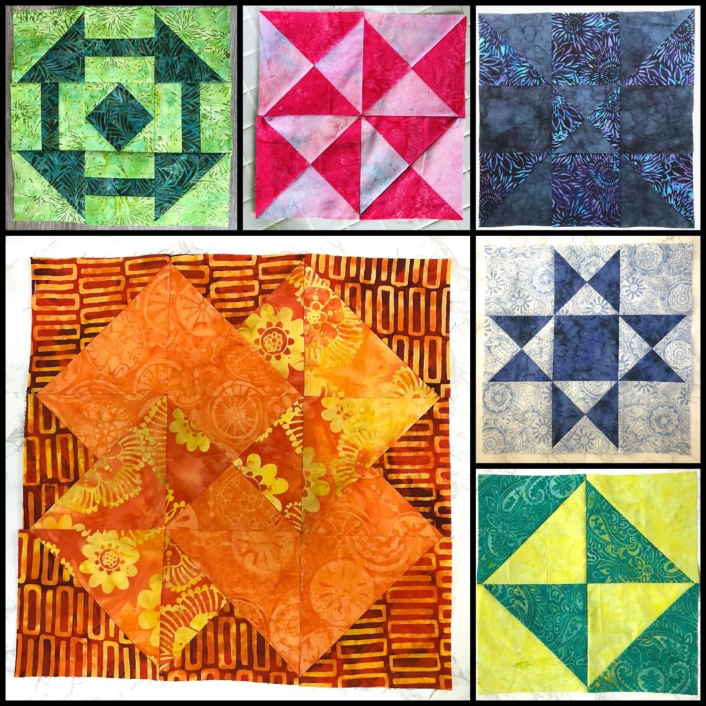 The first 6 months of blocks for the the Patterns by Jen 2019 Monthly Color Challenge