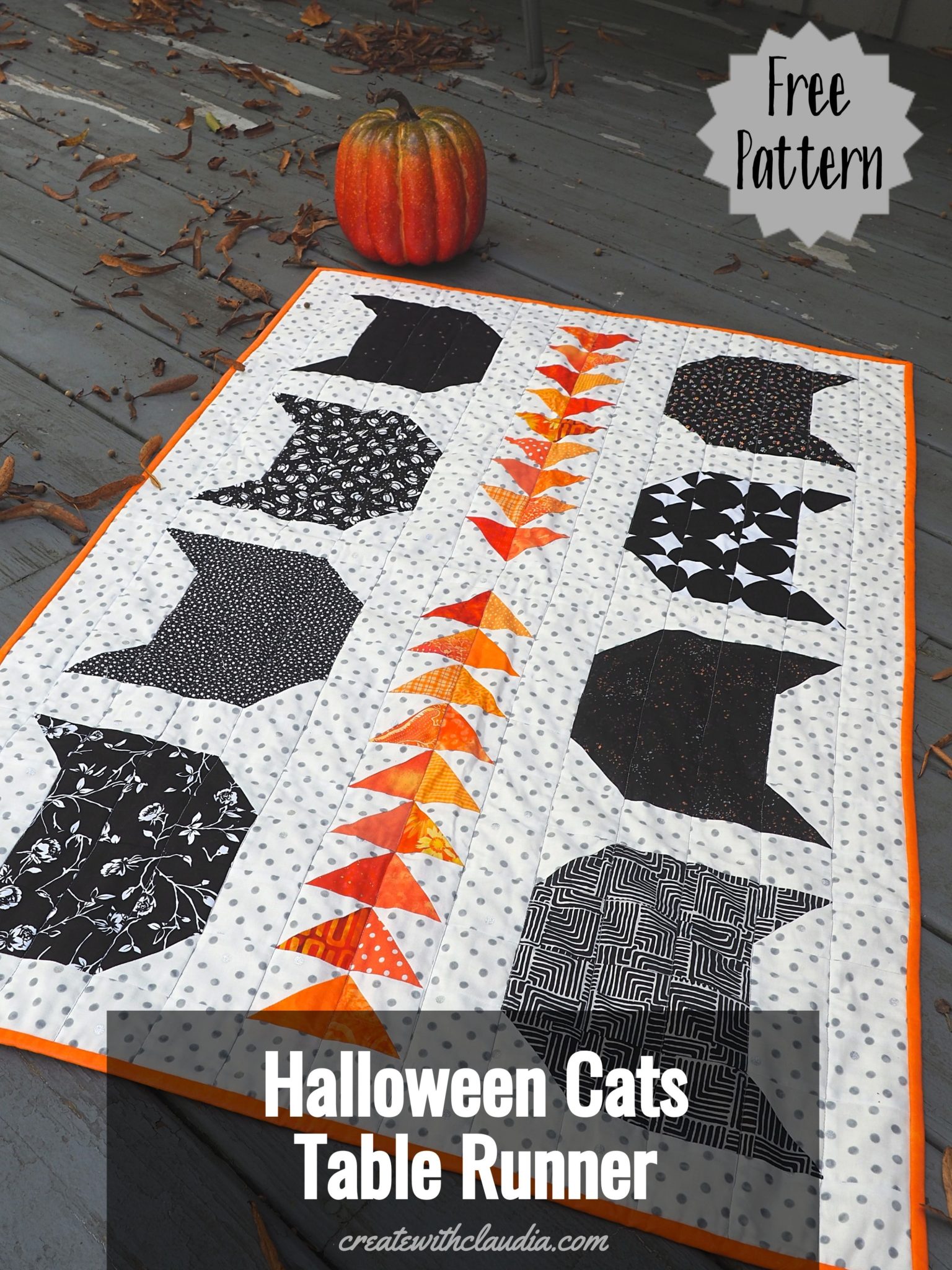"Halloween Cats" is a Free Halloween Quilted Table Runner Pattern designed by Claudia from Create with Claudia!
